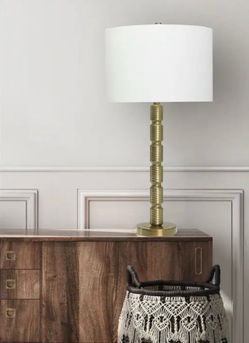 Faceted Stacked Metal Table Lamp with Linen Shade