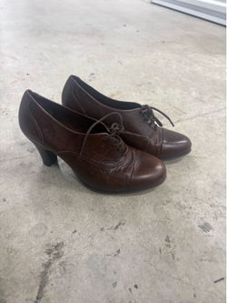Cinnamon Brown Leather Lace-Up Cap Toe Oxford Block Heel Shoes 6.5M