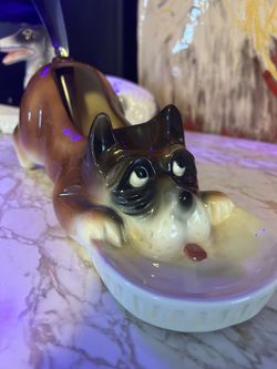 1950s Ceramic Boxer Dog Dresser Valet with Bakelite Shoehorn Tail - Vintage