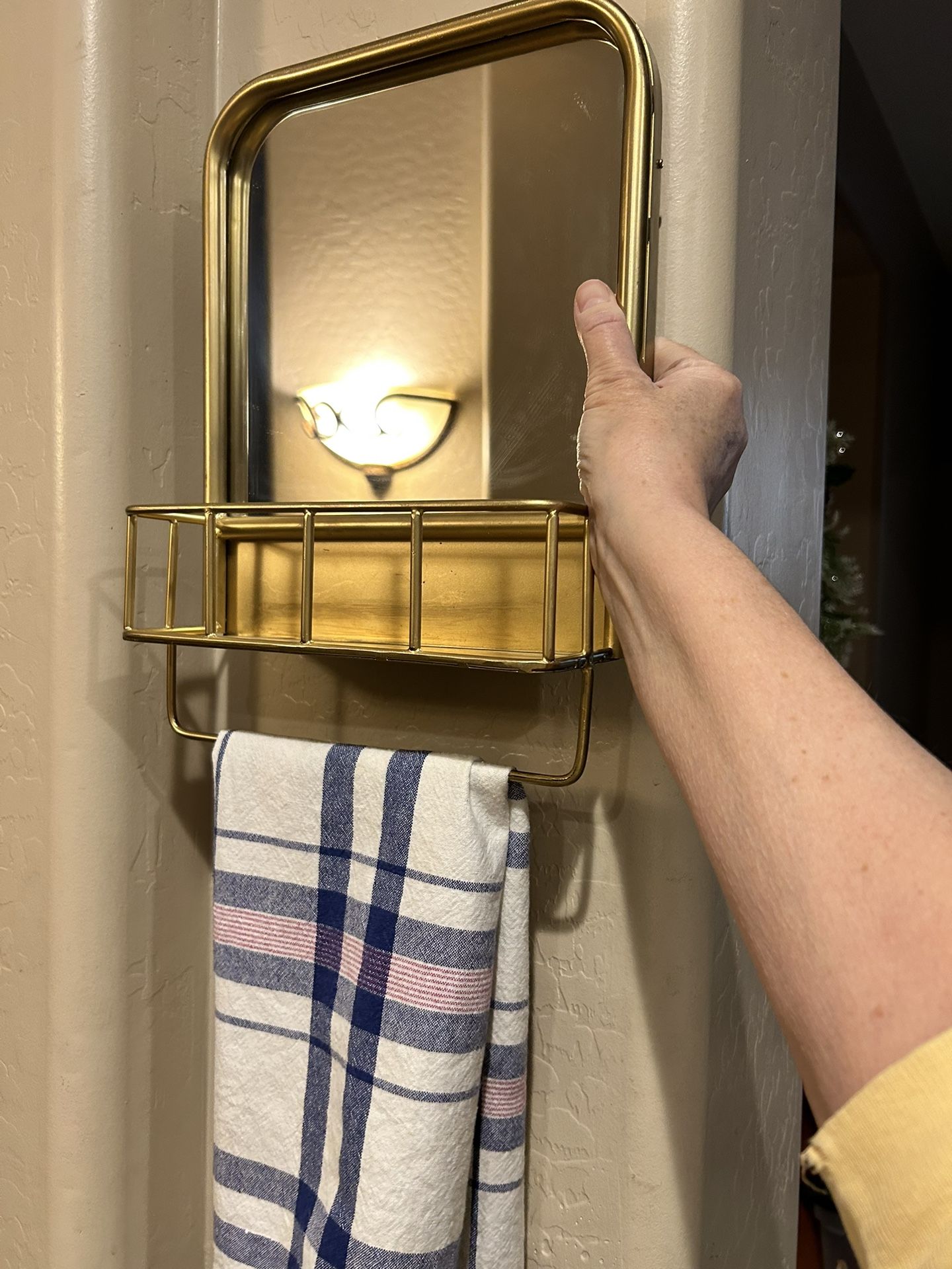 MCM Minimalist Small Wall Shelf Mirror Caddy Storage Shelf Brushed Gold Towel Bar