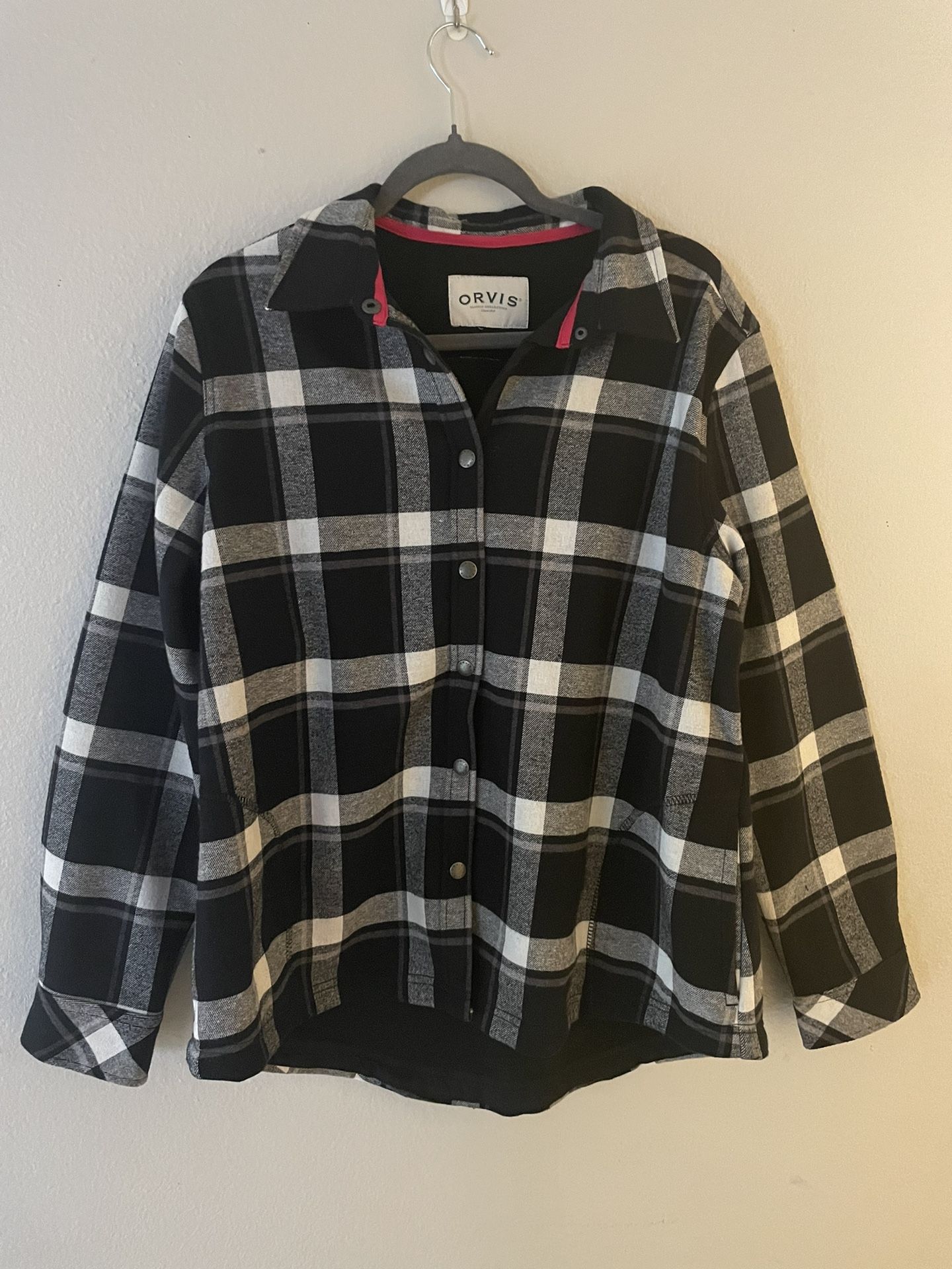 Orvis Black White Buffalo Plaid Women Medium Fleece Flannel Shirt Jacket Shacket