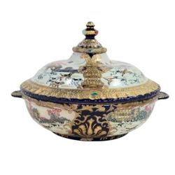 ANTIQUE CIRCA 1770 Porcelain Gilt Hunt Bowl Signed Famille Rose & Blue TUREEN 