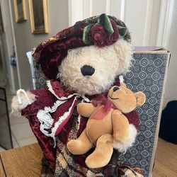 Vintage 15" Dan Dee Stuffed Bear Plush Doll w/ Mini Bear & Plaid Dress Victorian