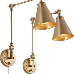 Set of 2 Plug-in Gold Swing Arm Wall Lamp Modern Adjustable Wall Mounted Sconce, Warm Brass Finish
