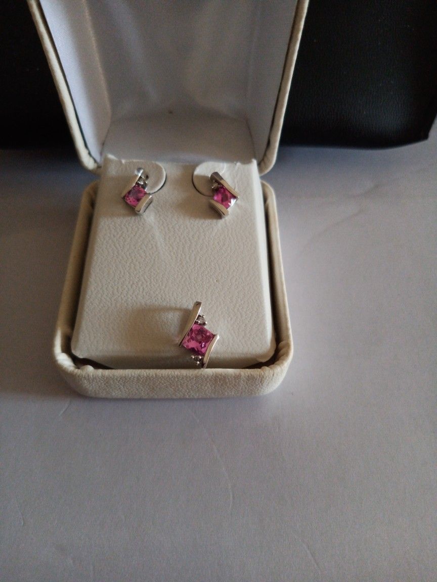 10k Pink Sapphire & Diamond Earrings & Necklace