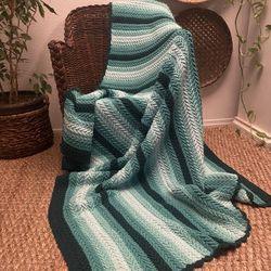 Vintage Boho MCM Jungalow Farmhouse Stripe Handmade Knitted Throw Afghan Blanket
