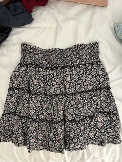 American Eagle Outfitters Black Floral Smocked Mini Skirt with Pink Accents