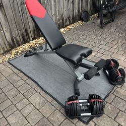 Bowflex complete set. Includes Bowflex Select Tech adjustible dumbbells (5lbs - 52.5lbs) and Bowflex bench.  Everything in pics is included. 