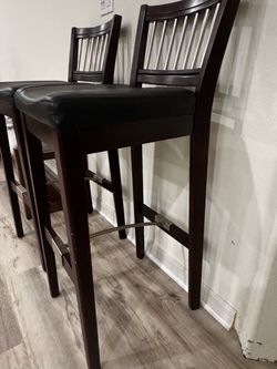 Dark Wood Bar Stools with Black Cushion Seat