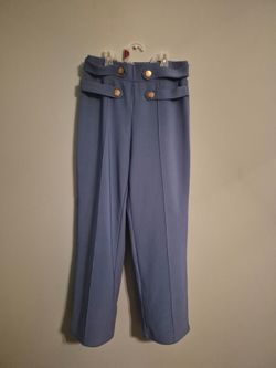 Blue High-Waist Wide-Leg Trousers with Gold Buttons