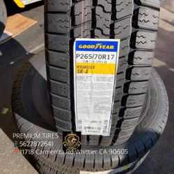 265/70/17 GOODYEAR  SET OF NEW TIRES INSTALLED  AND BALANCED, 4 LLANTAS NUEVAS INSTALADAS Y BALANCEADAS 