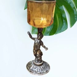 Cherub Brass & Amber Glass Candle Holder Vintage 
