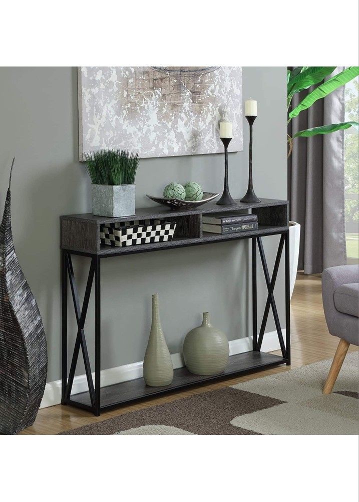 Convenience Concepts Tucson Deluxe Console Table with Shelf, Weathered Gray/Black