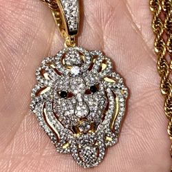 Italy 925 Sterling Silver Lion Head 14K Gold 5X Layered Iced Pendant, Stainless Steel Rope Chain 16”-24” Chain and Pendant Set