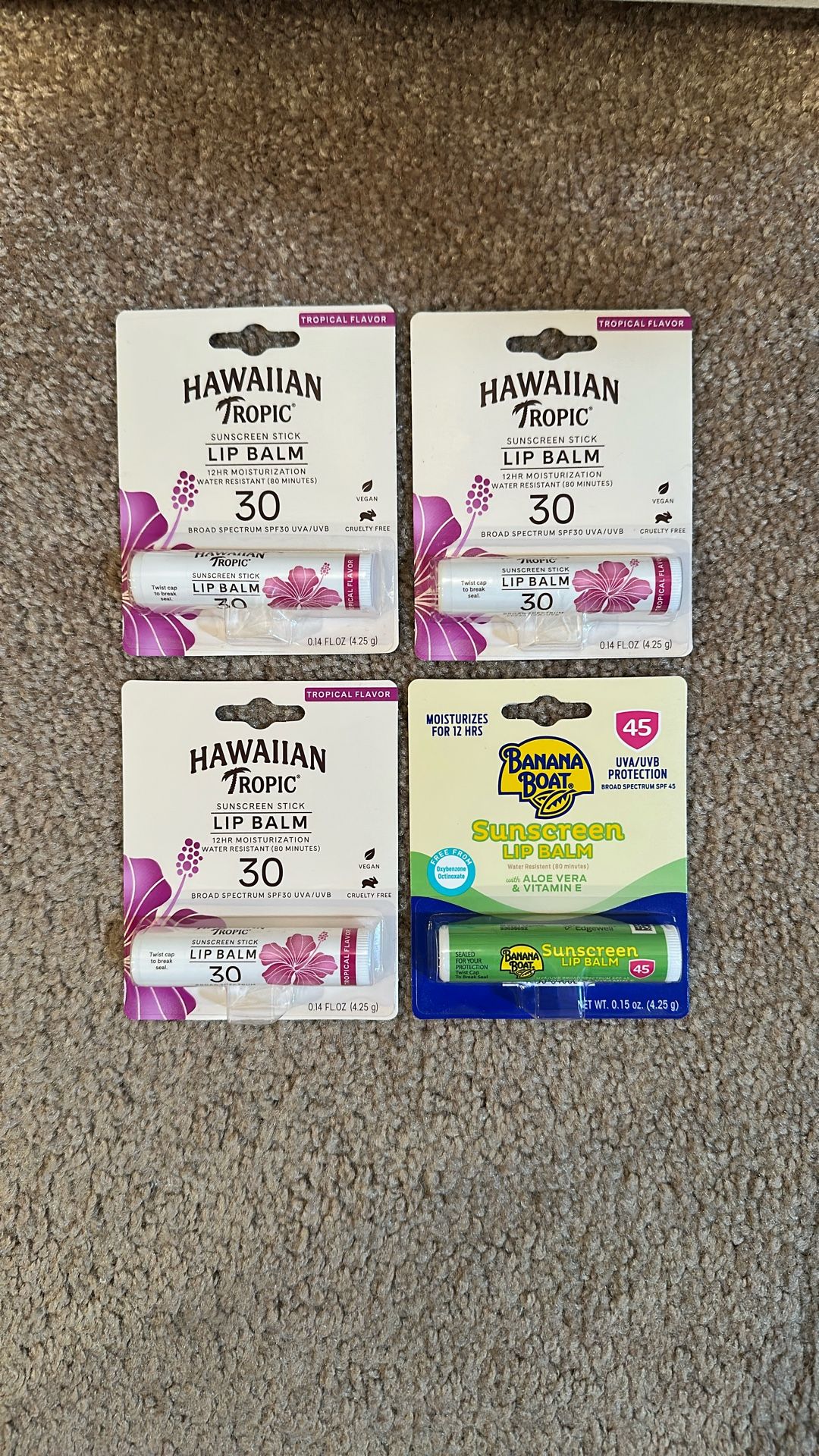 Hawaiian Tropic lip balm: $2 each