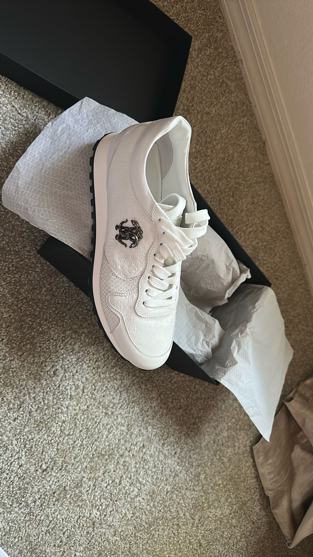 Roberto Cavalli Logo Trainers White Snake Skin Shoes