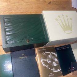 authentic Rolex box set with original Rolex booklets. Beautiful classic green Rolex presentation box with cream interior and matching outer box.
