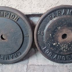 Weight Vintage Standard Weight Plates 1x25lb Paramount Los Angeles And  1x25lb Champion Plate