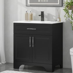30-inch bathroom vanity unit with sink, modern bathroom storage set with flip-top drawers and 2 soft-close doors, ceramic undermount basin, faucet inc