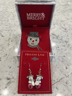 Holiday Lane Santa Earrings & Snowman Pin
