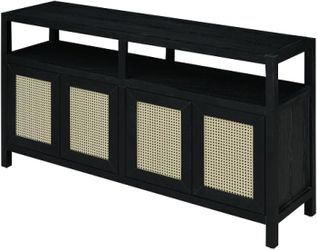 60”Rattan Sideboard Buffet Cabinet with 3-Adjustable Shelves for Living Dining Rooms Credenza Organizer，black
