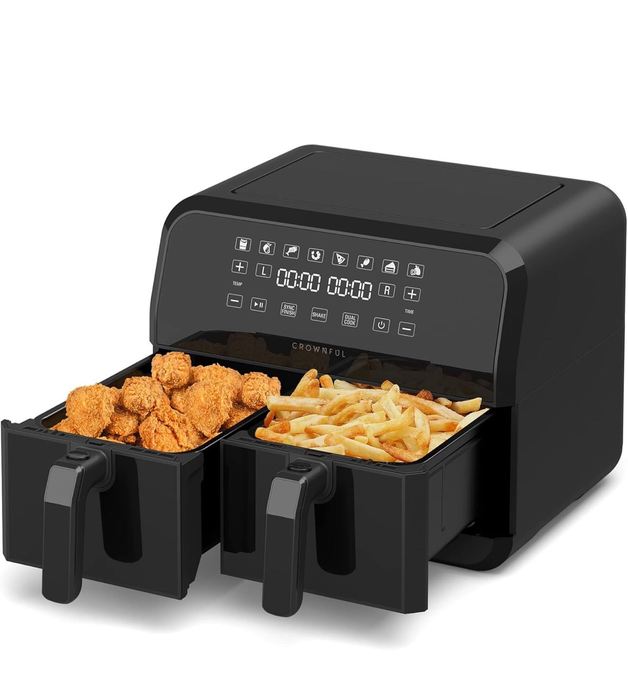 CROWNFUL 8 Quart Air Fryer, 8 in 1 Dual Basket with Independent Temperature Control(50+ Recipes), Dual Cook, Sync Finish and Shake Reminder Function,