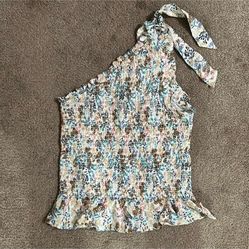 Textured ruched stretch floral one shoulder tank top w/ shoulder tie ruffle
