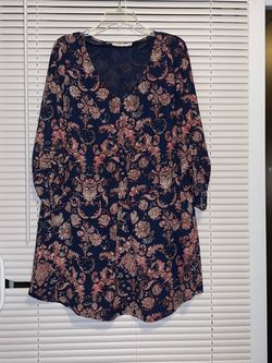 Lush Women’s Navy/Pink/Beige Floral A-Line Dress Sz L V-Neck 3/4 Sleeve Pullover