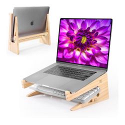 Wooden Laptop Stand for Desk, Vertical & Horizontal Wood Laptop Riser with Keyboard Storage