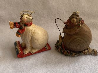 Set of (2) Resin Brown Bear and Polar Bear Ornaments on Sleds 3" each