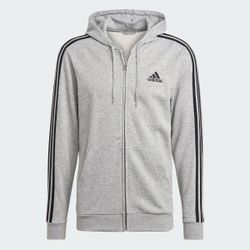 NEW adidas men Essentials French Terry 3-Stripes Full-Zip Hoodie Grey Heather Small adult