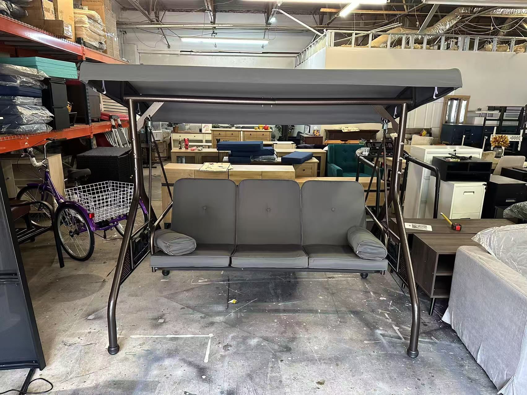 3-Seat Patio Swing with Adjustable Canopy & Backrest, Outdoor Porch Swing Chair for Adults, Outside Porch Converting Bed Thickened Removable Cushions,