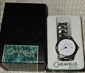 Vintage Bulova Caravelle Diver's Rotating Bezel Stainless Steel W/Date Ladies Cocktail Watch Glow In Dark Hands & Numbers W/Box