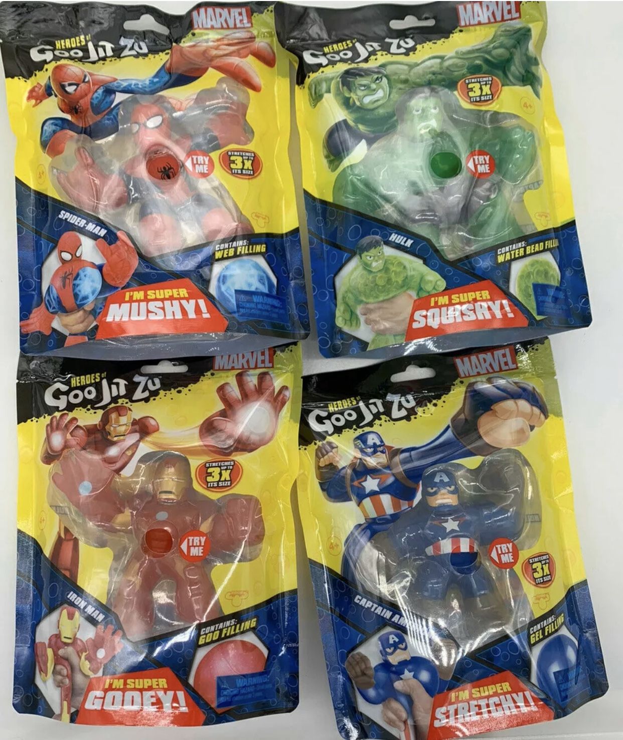 Lot of 4 Goo Jit Zu Marvel Heroes Spiderman, Captain America, Iron Man and Hulk