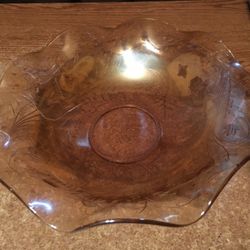 Vintage Jeannette Glass FloraGold Louisa Ruffled Bowl 11.5 In