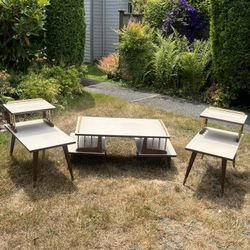 Mid-Century Atomic 2-Tier Walnut & Laminate End Side Accent Tables and coffee Table set MCM Brown cream   vintage mid century step-up wood end tables 
