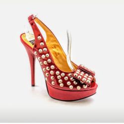 NIB Red Patent Peeptoe Studded Heels - 7.5