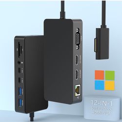 ‏Microsoft Surface Dock Triple Display with Power Supply, 12 in 1 Surface Pro Docking Station Dual 4K HDMI+VGA for Surface Pro 9/8/X/7/6/5/4/3, Surfac