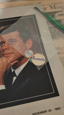 Kennedy campaign pins, life magazine, newspapers