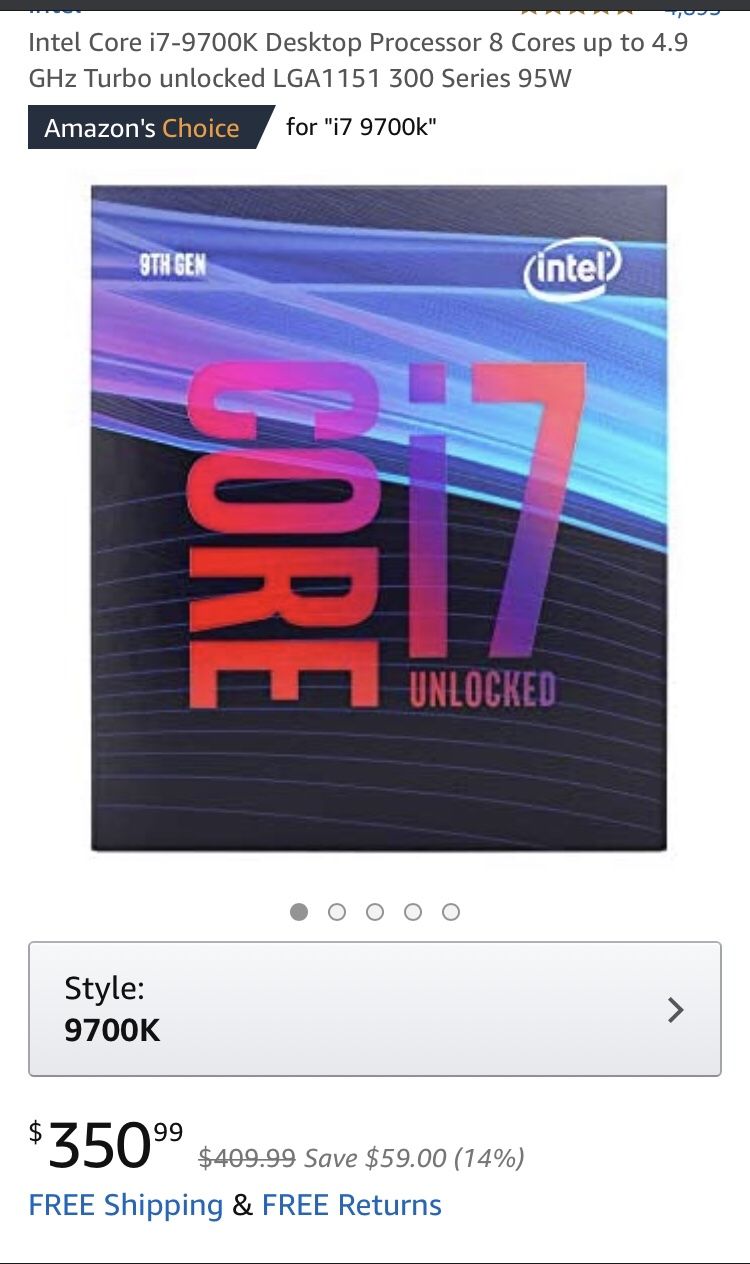 Intel Core i7 9700K Processor 8 Cores 4.9 GHz Turbo LGA1151