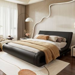 Queen Size Bed Frame with Curved Adjustable Headboard, Faux Leather Upholtered Platform Bed, Black