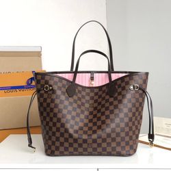 New Authentic Louis Vuitton Damier Ebene Rose Pink/Ballerine Interior MM Neverfull Handbag  