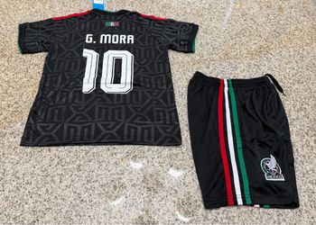 Adidas Mexico black jersey and shorts kit Mora number 10
