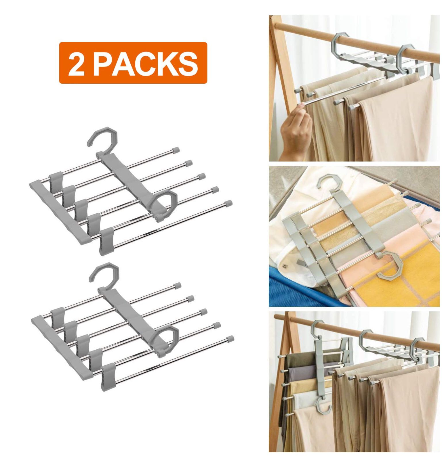 Hangers Space Saving Stainless Steel Trousers Hangers S-Shape Clothes Hangers Open Ended Closet Organizer for Pants Jeans (White or Gray, 2 Pack)