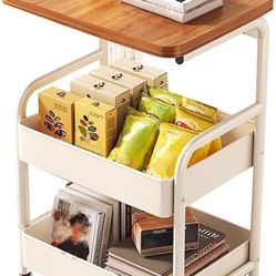 3Tier Rolling Cart - Metal Utility Cart with Wheels, Heavy Duty Mesh Rolling Storage Cart Organizer for Kitchen Office Bedroom Living Room Table (Whit
