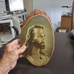 Gorgeous Vintage 70's Cross Cut Pine Tree Branch Slab Portrait Of Jesus 10.5" X 6.25"