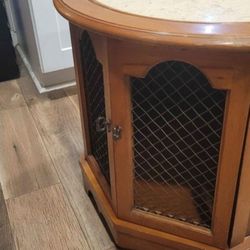 MCM French Provincial Round Liquor Cabinet W/ Inlaid Travertine Top