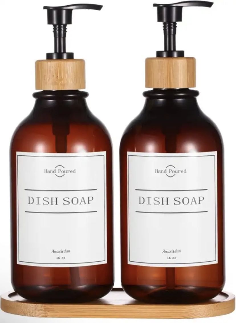 16oz Bath Soap/Lotion Dispenser Set +Bamboo Soap Tray, Shampoo/Conditioner, Waterproof labels