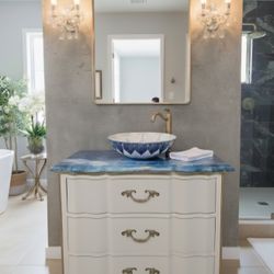 Bathroom Vanity with sink and faucet,  epoxy resin on top , new , functional drawers