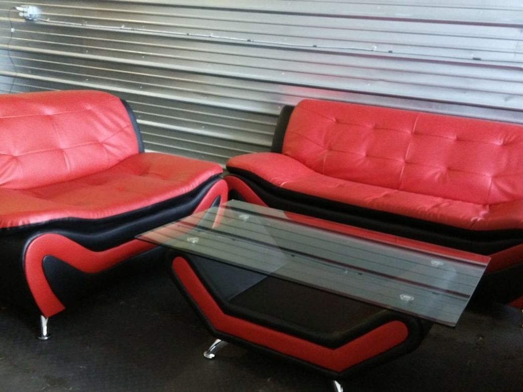 Brand New Black & Red Leather Sofa & Loveseat